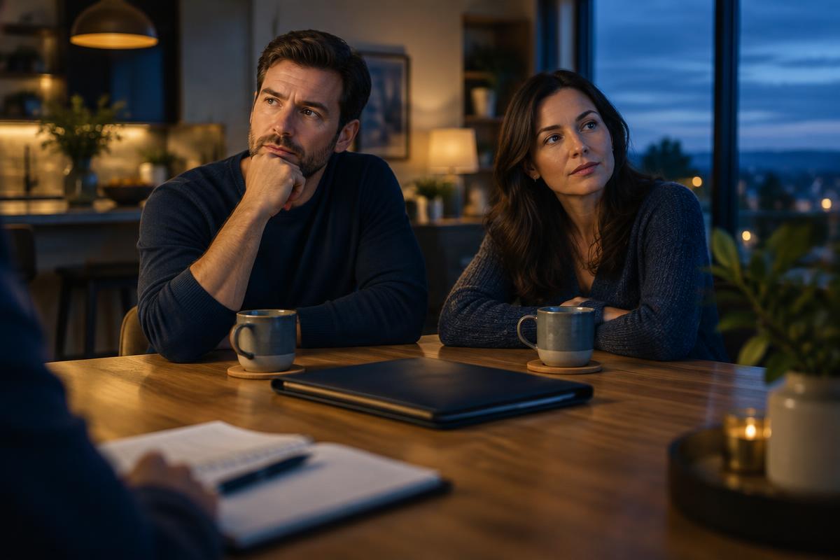 A thoughtful couple deliberating over a decision at their kitchen table