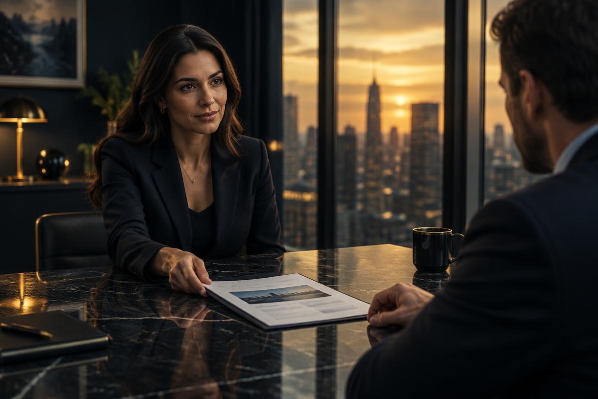 A salesperson presenting a proposal across a marble table at dusk